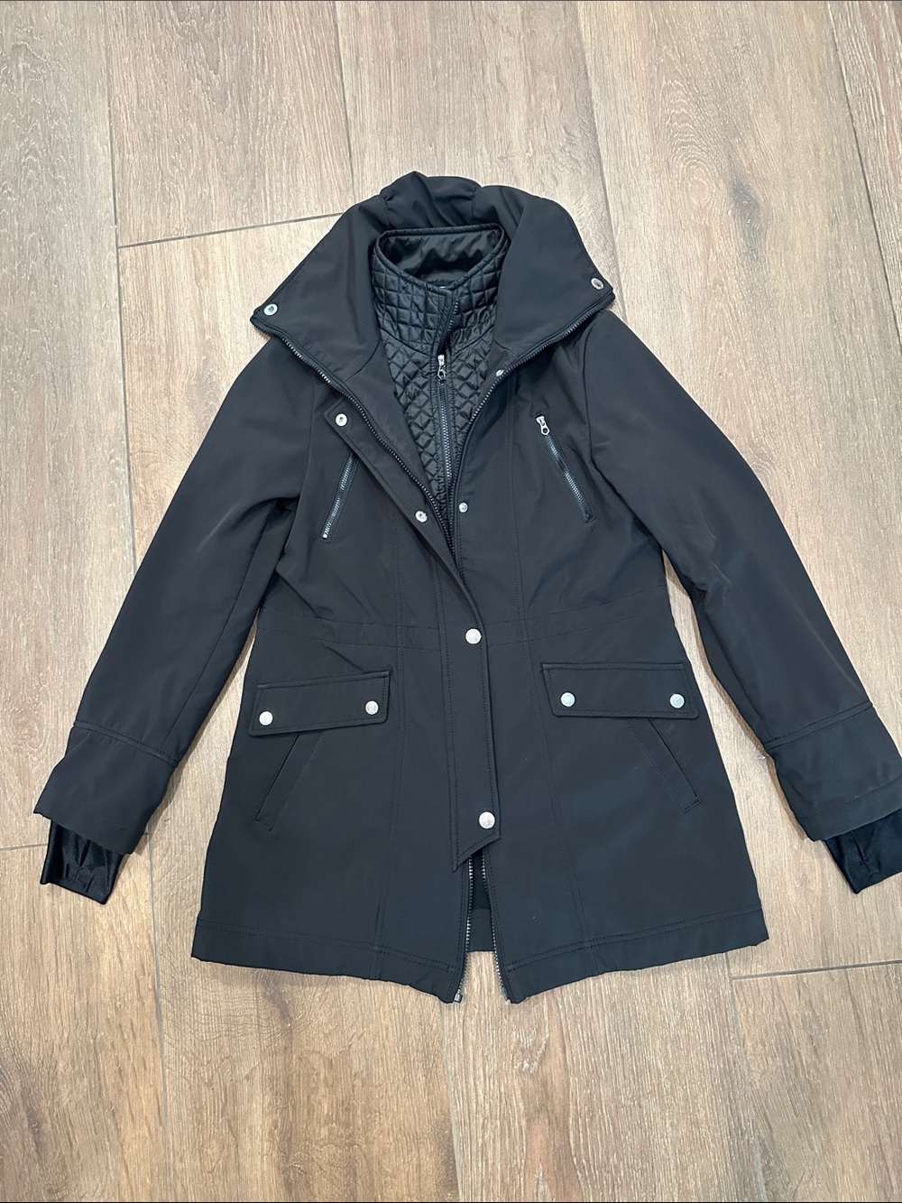 Nautica Black Quilted-Lined Trench Coat with Hood
